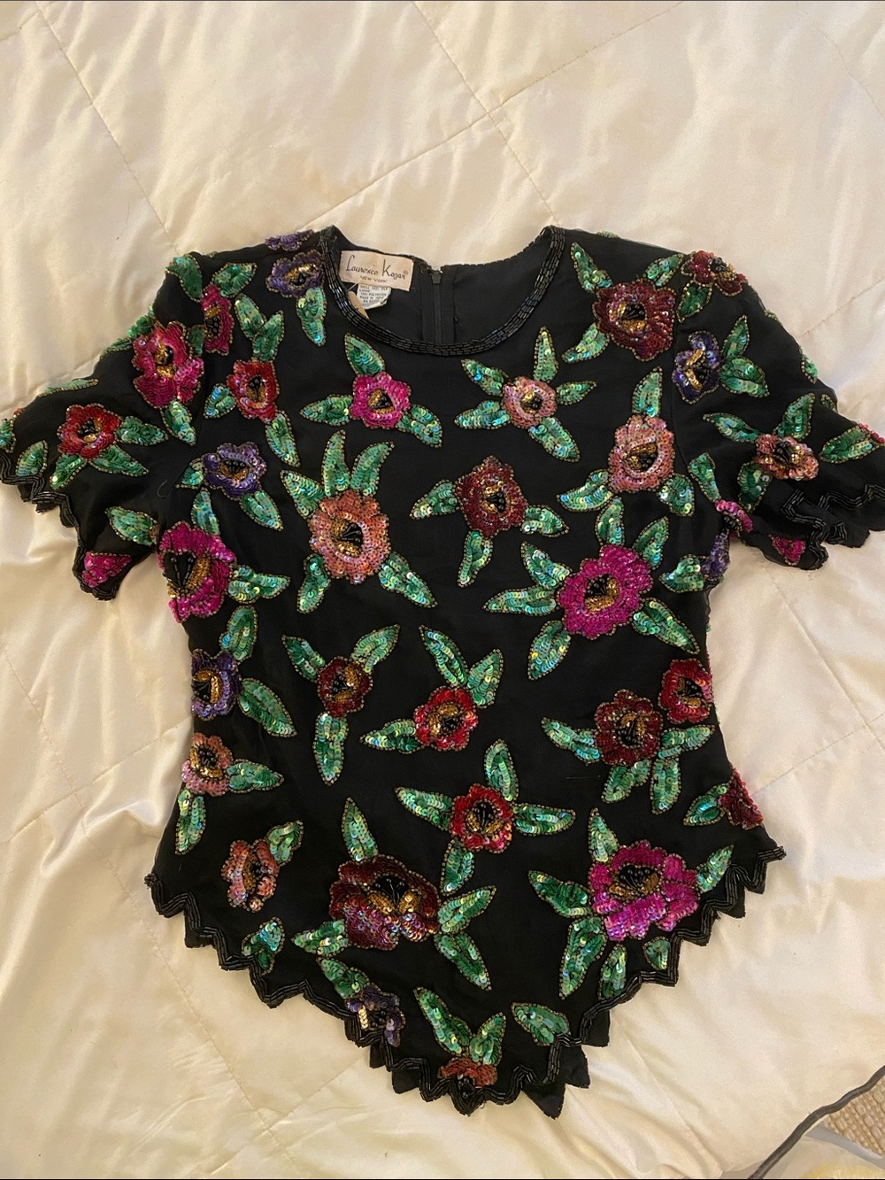 Laurence Kazar Black Sequin Floral Short Sleeve Top